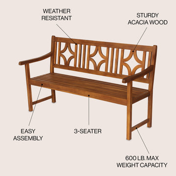 Sloane Ogee Diamond-Back 600-Lbs Support Acacia Wood Outdoor Garden Patio Bench - JONATHAN Y